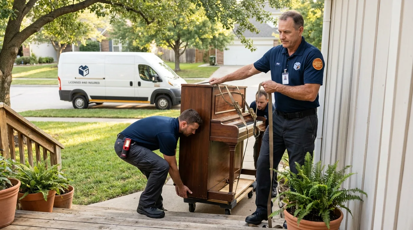 Licensed piano movers securing grand piano in Wilmington, DE
