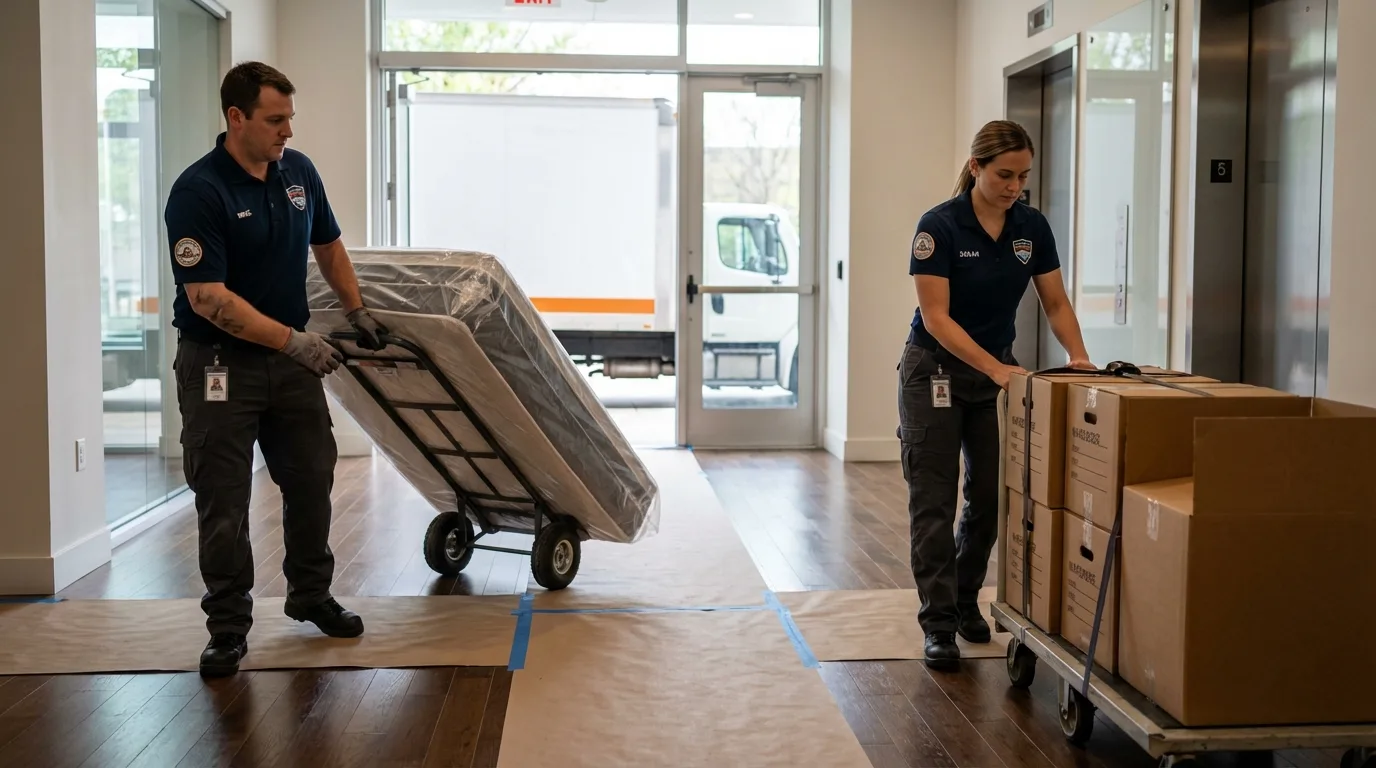 Professional apartment movers loading elevator in Wilmington, DE