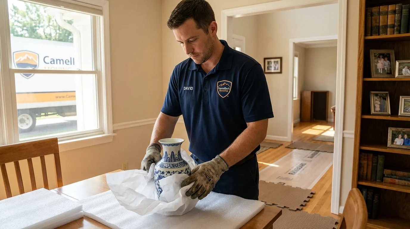 Professional crew carefully wrapping antique vase for senior downsizing move in Wilmington, DE